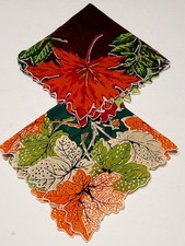 2 Vintage Handkerchiefs Fall Maple Leaves Green Brown Orange 13" Rolled Edge