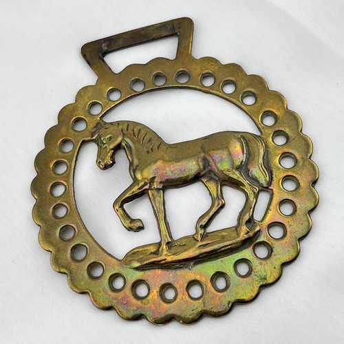 Brass Horse Medallion Antique English Mare Filly Trot Walk Stamped Large Harness