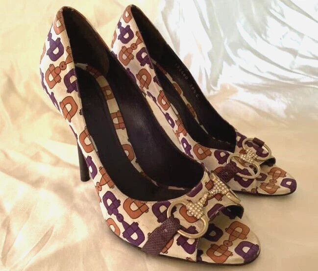 Chaussures escarpins Gucci sandalettes Horsebit Stiletto EU 38,5 beige violet cuir soie