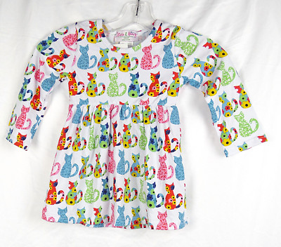NEW Olivia & Henry White Cat Print Long Sleeve Cotton Knit Dress S - 2T