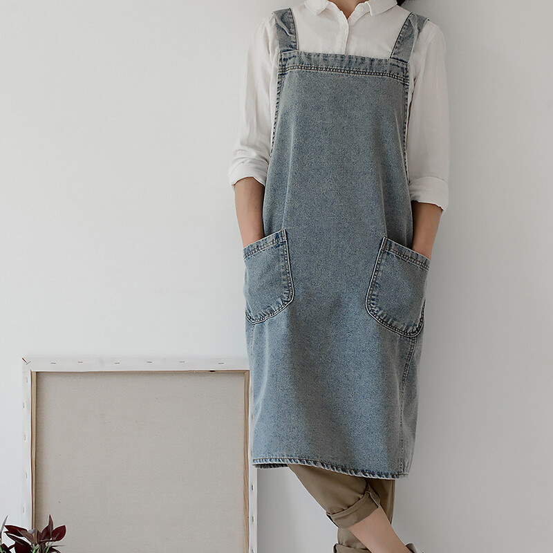 Unisex Washed Cotton Denim Bib Apron Pocket Craft Baking Chefs Kitchen Cooking