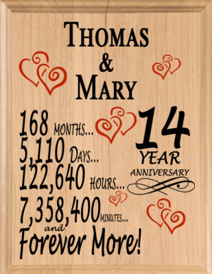 Personalized 14 Year Anniversary Gift MAPLE WOOD 14th Year for
