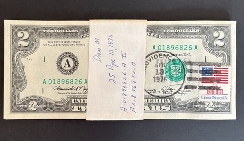 UNC 1976 2 Dollar STRAP 25 consec serials 1st Day of Issue all Postmarked 02904