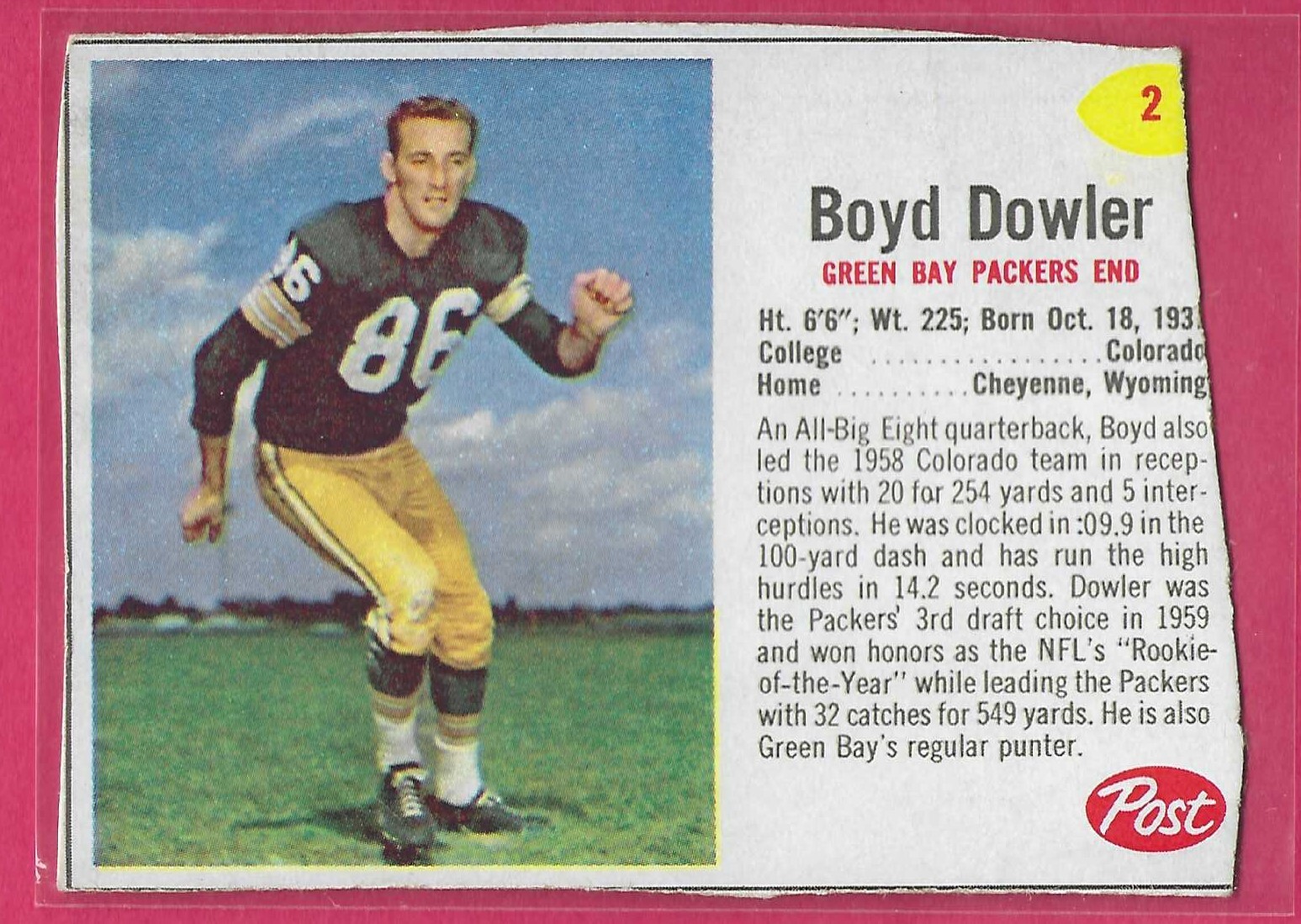 1962 Post Cereal Football BOYD DOWLER #2 Green Bay Packers