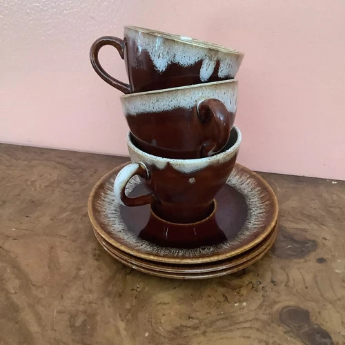 Lot Of 3 Brown Drip Glaze Coffee Tea Cups With Saucers Vintage