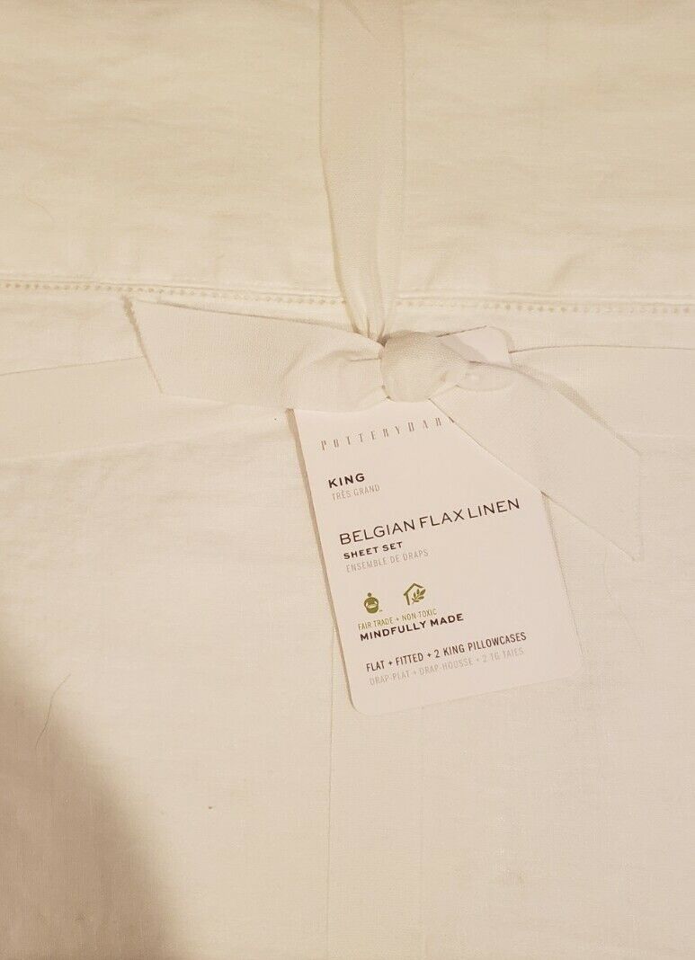 NEW POTTERY BARN Belgian Flax Linen 定番のお歳暮＆冬ギフト KING WHITE 4 pc Sheets 日本メーカー新品 - Set