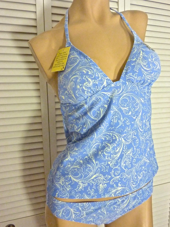 Nuevo con etiquetas Sujetador Mágico Tankini PEQUEÑO/MEDIANO/GRANDE Azul y Marfil Halter Superior/Parte Inferior Cerrada Foto 3 de 4