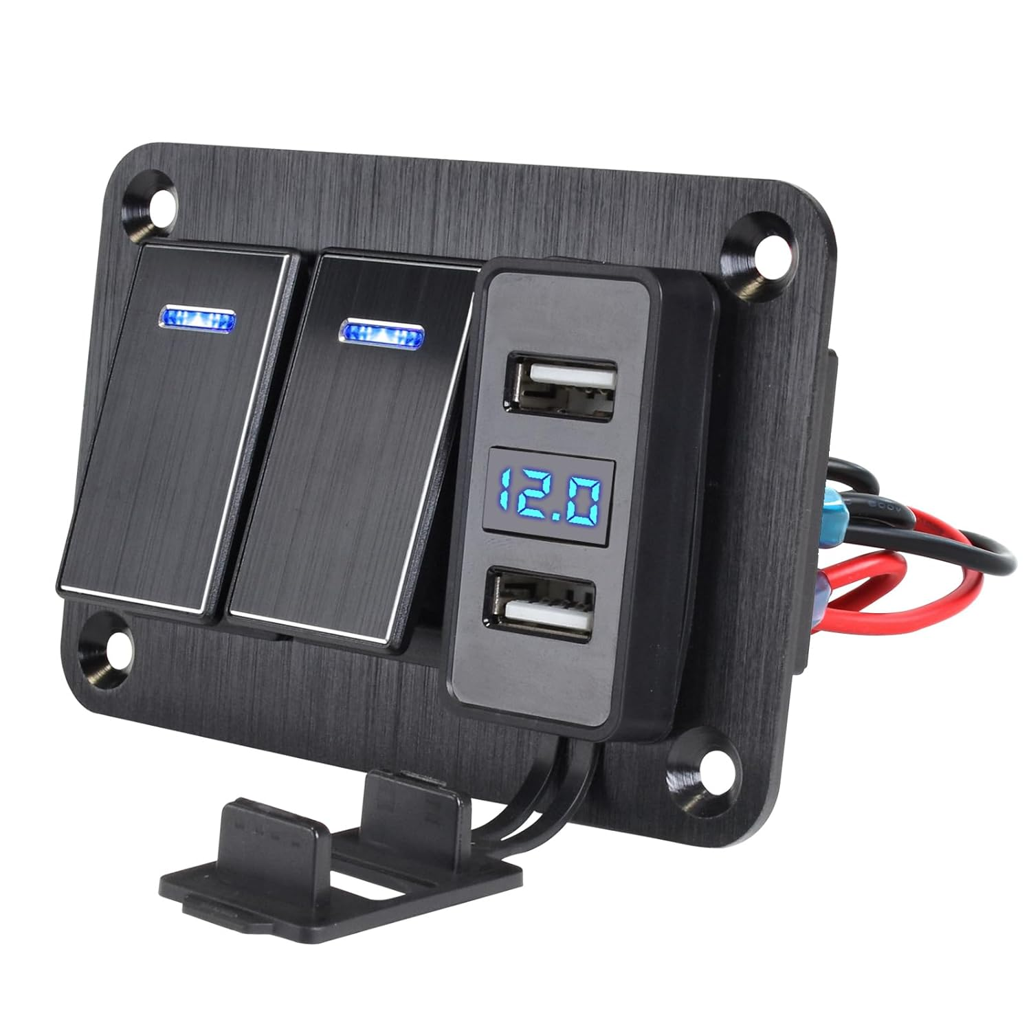2 Gang Aluminum Rocker Switch Panel with 4.8 Amp Dual USB Charger Voltmeter Wate