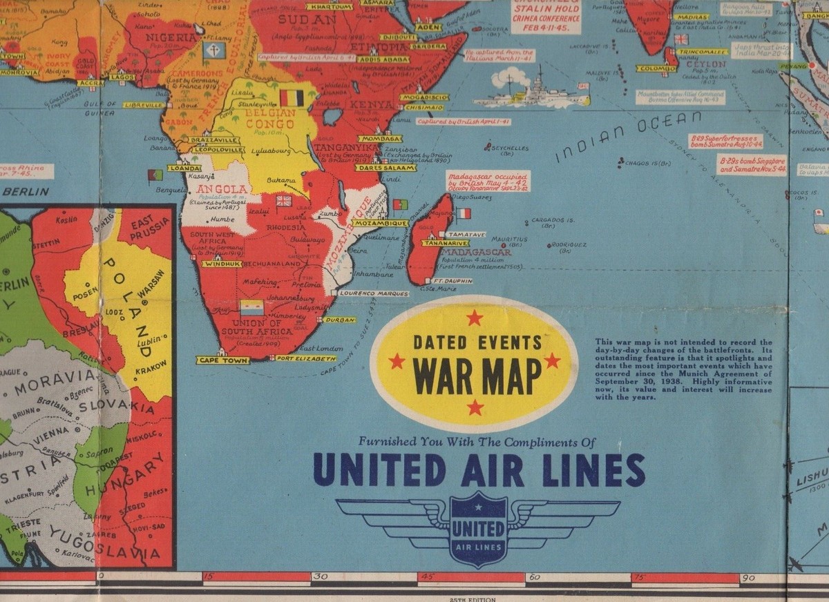 Large Full Color WWII World War Two United Airlines Dated