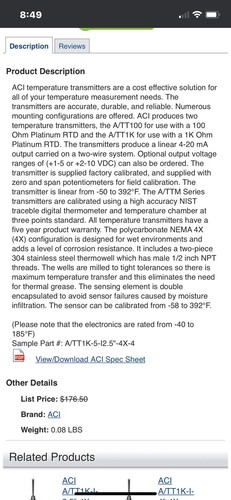 ACI A/TT1K-I-6” 4-4X Temp Sensor 6” Probe 1/2” MPT W 4-20mA Temperature Transmit - Picture 9 of 11