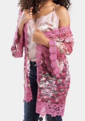 Jolie & Joy Kimono Duster Pink Lace Cover-up Sheer Size M Floral Francesca's New