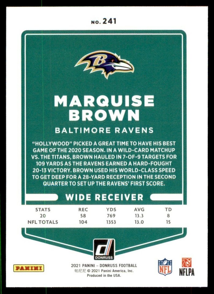 2021 Donruss Base #241 Marquise Brown - Baltimore Ravens | eBay