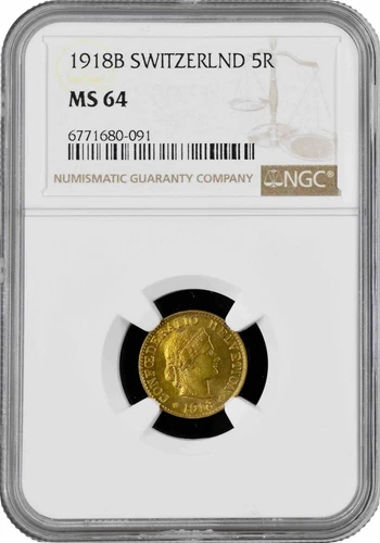 Switzerland 5 rappen 1918 B, NGC MS64, "Confoederatio Helvetica (1917 - 1967)"