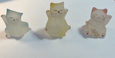 Three Small Asian Kitten Figurines in Blue, Yellow & Red