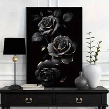 Black Gold Rose Framed Canvas Stretched Ready to Hang 50x40 Home decor Gift.