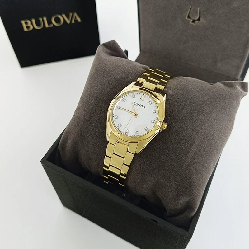 Женские кварцевые часы Bulova Surveyor с бриллиантами золотым браслетом белым циферблатом 97P172 31 мм - Изображение 3 из 4