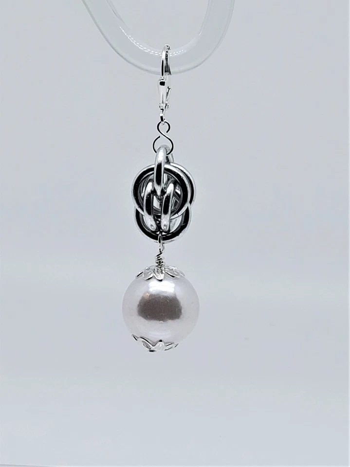 White acrylic pearl, anodized aluminum, dangle earrings silver plated components - Image 2 of 4