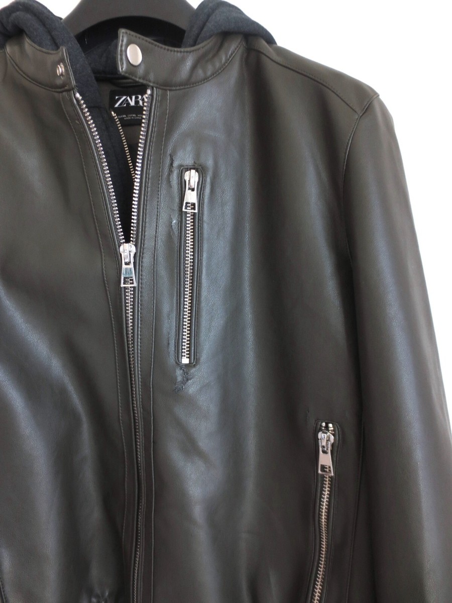 ZARA MAN DOUBLE ZIP LEATHER JACKET W/DETACHABLE HOOD Sz-XL ZARA MAN DOUBLE ZIP LEATHER JACKET W/DETACHABLE HOOD Sz-XL