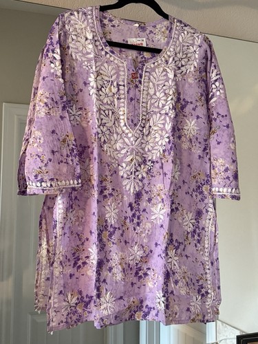 NEW Indian Women's Lavendar Floral Chikankari Short Kurti - Short Kurta - Cotton