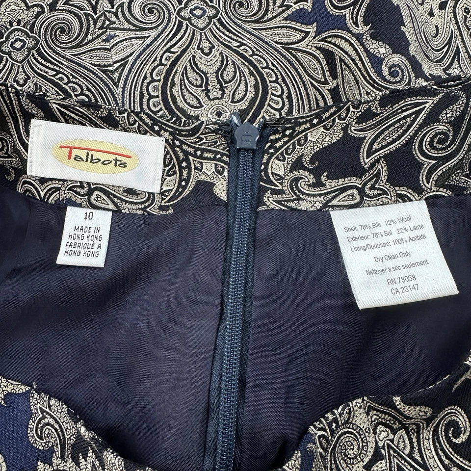 Talbots пейсли шелк шерсти карандаш Midi юбка sz 10 темно-синий серебро винтажный - Изображение 2 из 4