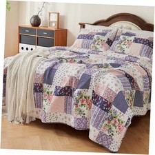 100 Cotton Patchwork Quilt Queen Size Set Lightweight Queen 92"x96" Purple