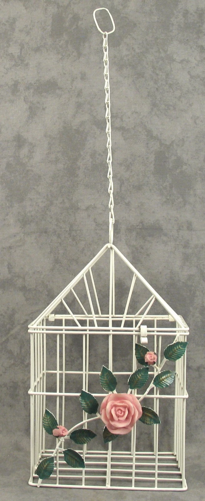Vintage 1970s WHITE METAL HANGING BIRD CAGE Pink Rose Floral Decor Shabby Chic