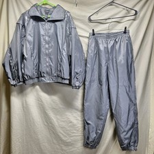 2 Pc Set VTG Outbrook Shiny Gray Nylon Track Suit Jacket  Pants Women's MEDIUM