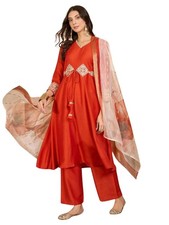 Women's Cotton Silk Embroidered Anarkali Kurta Palazzo  Digital Print Dupatta
