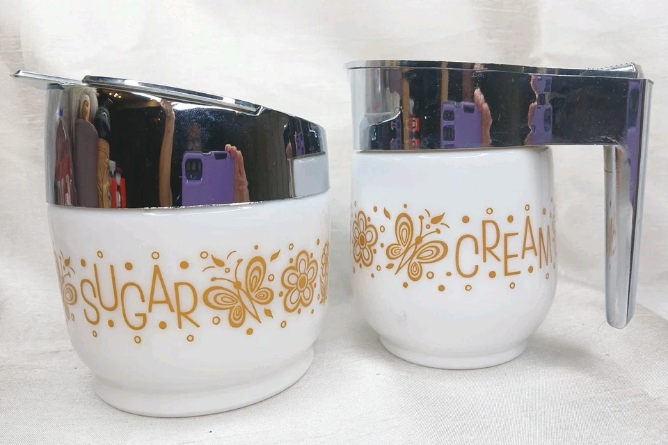 Vtg Gemco Gold Butterfly Pattern Cream and Sugar Set 1970s Excellent  - Image 3 of 4