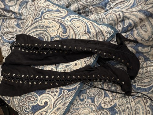 Breckelle’s Black Over The Knee Peep Toe/Heel Lace Up Boots Size 9 - Picture 3 of 8