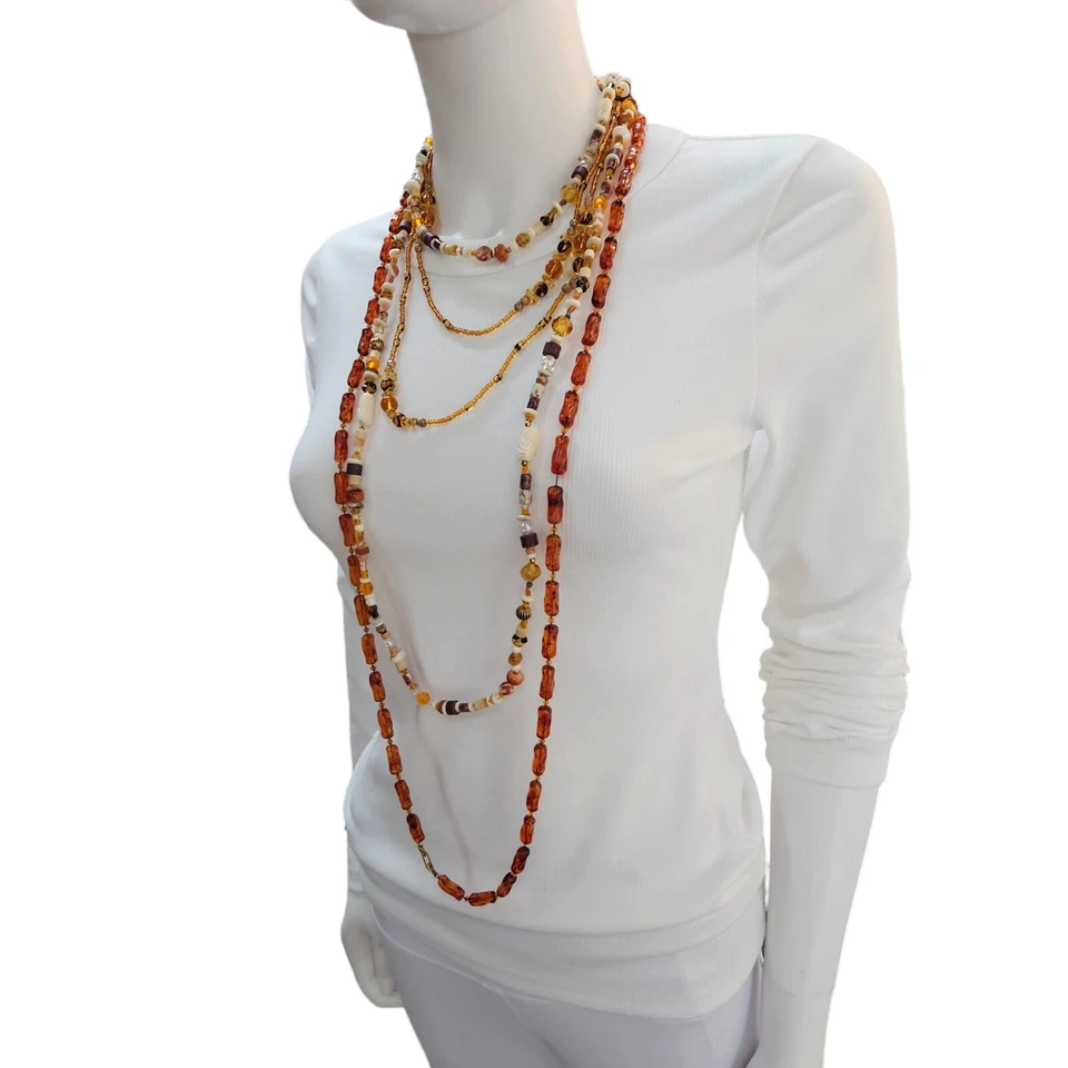 Juego de (4) collares con cuentas de topacio collar de latón lucita ámbar coñac ojo de tigre Foto 3 de 4