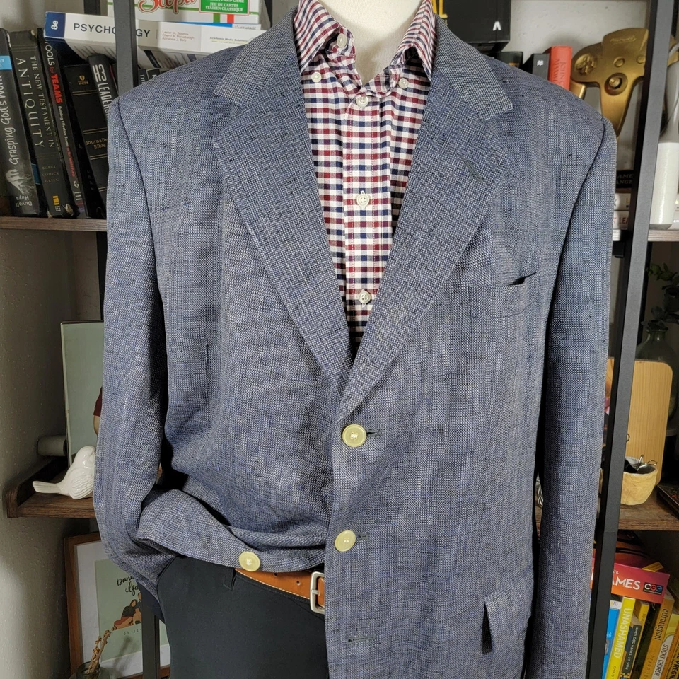 Abrigo Blazer Deportivo Para Hombre Boston Traders Dos Botones Azul Gris 100% SEDA Talla 46R De Colección Foto 2 de 4