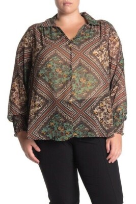Pleione Split Neck Smocked Long Sleeve Blouse In Dusty Mint Patch Floral Size 2X