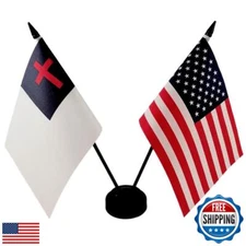 America and Christian Twin Desk Flag, US Table Flags - 8 x 5 Inches Deluxe Se