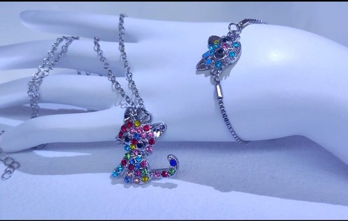 Coloured Rhinestone Cat Pendant Necklace & Bracelet Set. Silverplated. Boxed. - Picture 4 of 24
