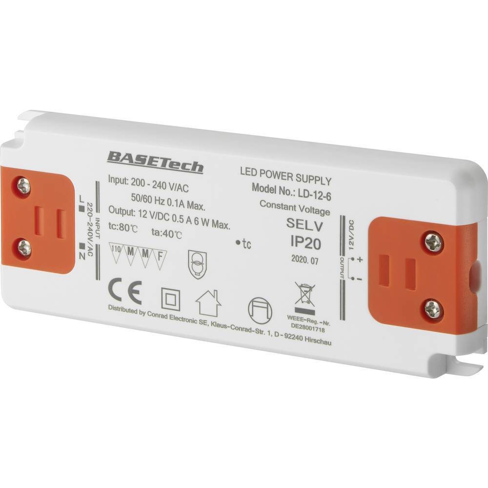 Светодиод Basetech LD-12-6-Trafo Konstantspannung мощностью 6 Вт 0,5 А предназначен для установки в помещениях,