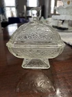 Vintage Jeanette Acorn & Oak Clear Glass Square Pedestal Candy Dish w/Lid