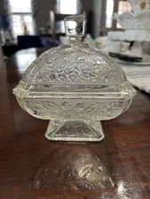 Vintage Jeanette Acorn & Oak Clear Glass Square Pedestal Candy Dish w/Lid
