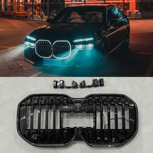 For 2023-2024 BMW 7 Series G70 Gloss Black Front Bumper Grill Grille w/LED Light - Picture 1 of 6