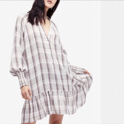 Free People Boho Hemd Minikleid grau kariert Gr. L langarm
