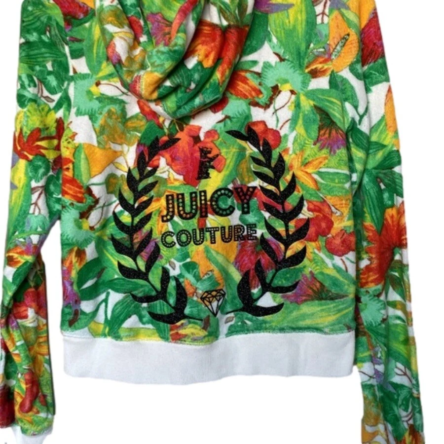 Chaqueta con Capucha Juicy Couture Juniors Cremallera Completa J BLING Talla Mediana Floral Terciopelo Foto 3 de 4