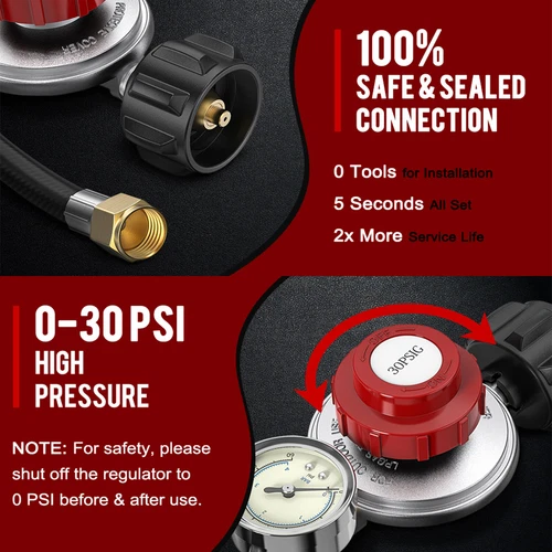 High Pressure Adjustable LP Propane Regulator Gauge QCC1 & 4' BBQ Hose 20PSI - Picture 10 of 15