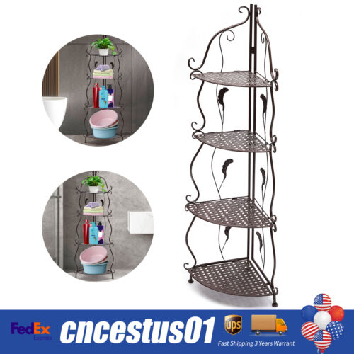 4-Tier Metal Corner Shelf Stand Storage Shelves Display Organizer Black Rack New