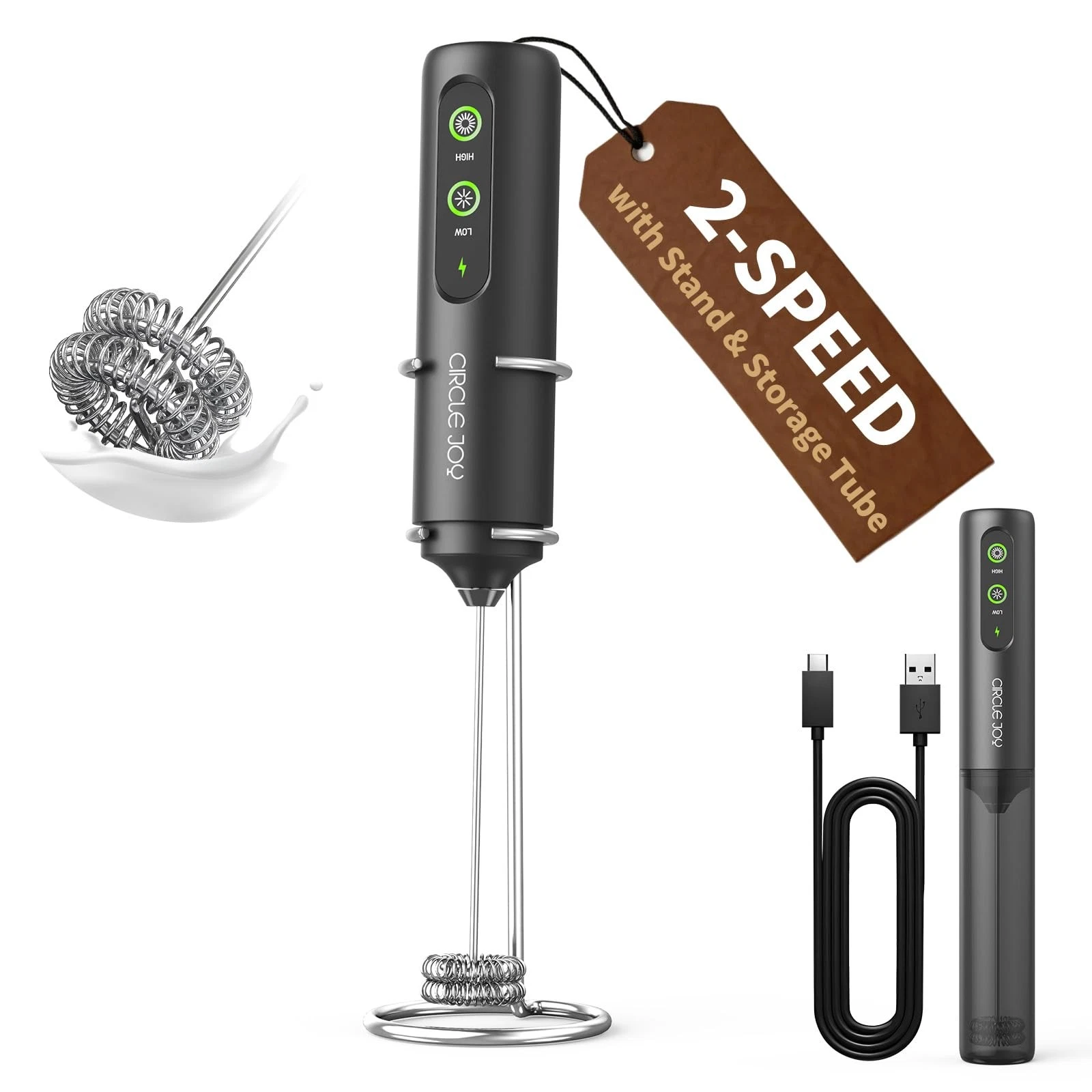 Rechargeable 2-Speed Handheld Milk Frother with Stand, Dual Spring Whisk Foam...