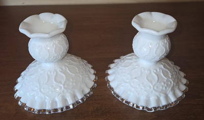 Vintage FENTON Milk Glass Silvercrest SPANISH LACE Candlestick Holders 2pcs