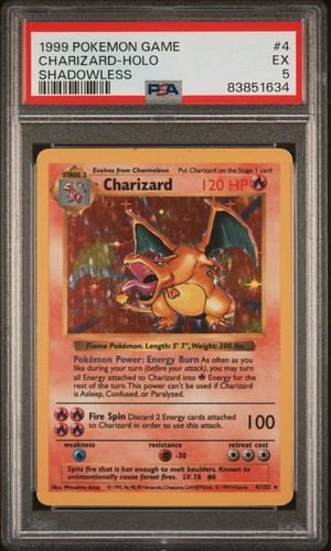 Pokémon TCG Holo Charizard Base Set Shadowless, PSA 5, Clean Copy English