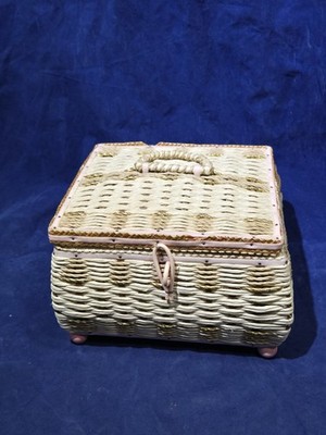 Vtg Musical Wicker Sewing Basket Box + Notions Singer Wrights Pink Satin Lined 