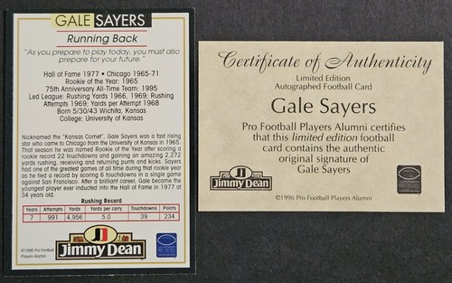 1996 Jimmy Dean All Time Greats Gale Sayers Autogramm Auto mit Echtheitszertifikat Bären HOF - Bild 2 von 2