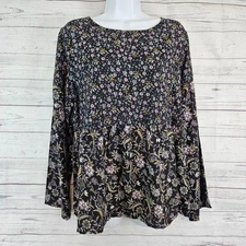 Lascana for Venus Womens Top Sz Medium Black Pink Floral Viscose Long Sleeve