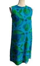 Lorrie Deb Vintage 1960’s Tent Dress Blue Green Floral Pleated Back Size 13